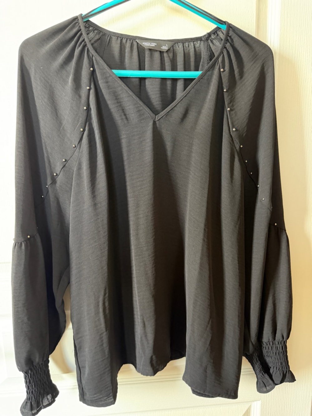 Simply Vera Vera Wang Black V-Neck Long Sleeve Blouse with Stud Accents